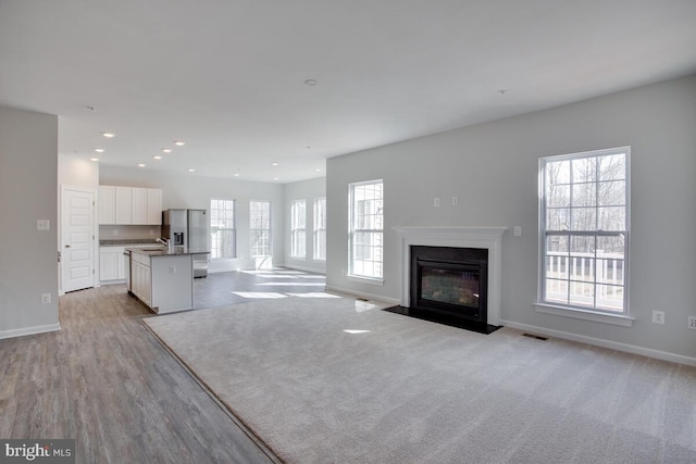 unfurnished living room with light hardwood / wood-style flooring, a healthy amount of sunlight, and sink