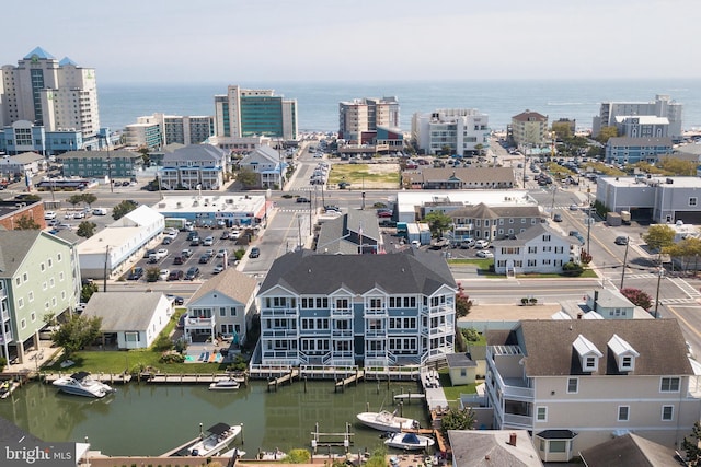 drone / aerial view featuring a water view