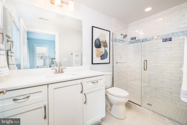 bathroom featuring tile patterned flooring, vanity, toilet, and an enclosed shower