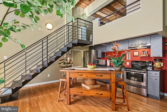 kitchen featuring a towering ceiling, light wood-type flooring, and stainless steel appliances