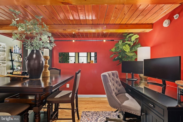 office with beam ceiling, rail lighting, light hardwood / wood-style floors, and wood ceiling