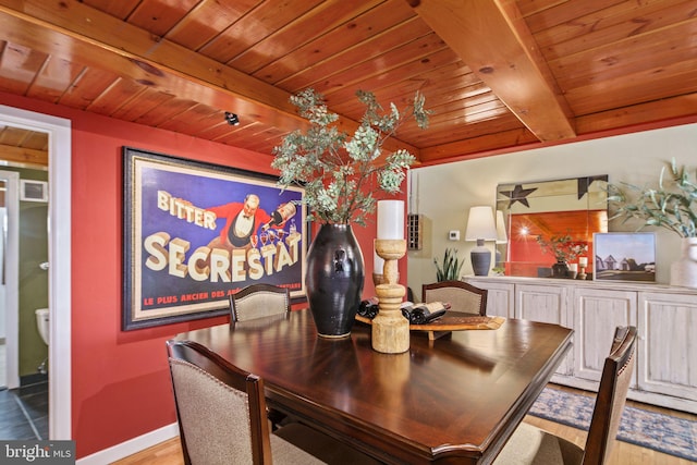 dining room featuring beam ceiling, light hardwood / wood-style floors, and wooden ceiling