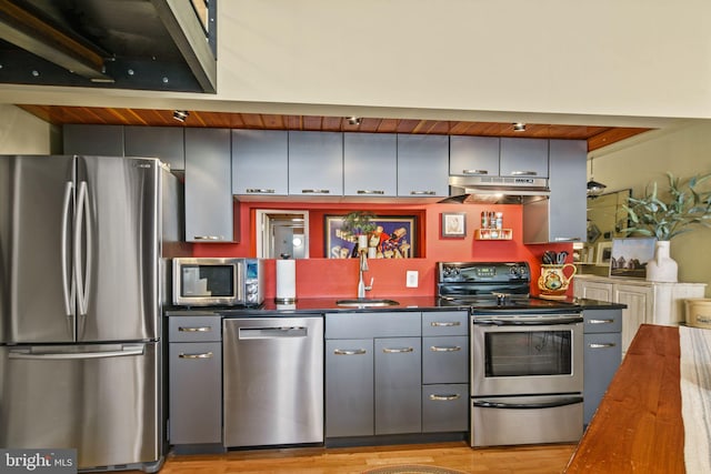 kitchen with light wood-type flooring, sink, appliances with stainless steel finishes, and wooden counters