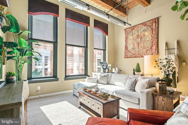 living room featuring beamed ceiling, carpet flooring, a healthy amount of sunlight, and wooden ceiling