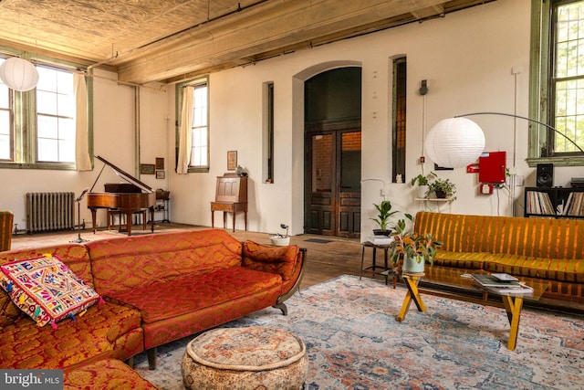 interior space with hardwood / wood-style flooring, radiator heating unit, and a wealth of natural light