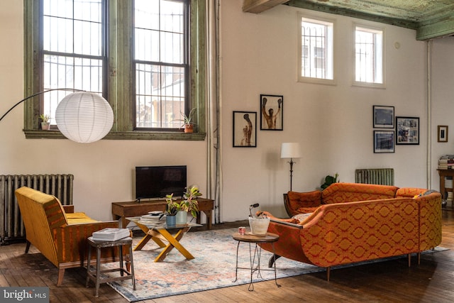 sitting room featuring dark wood-type flooring and radiator