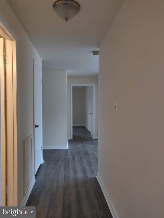 hallway with dark hardwood / wood-style flooring