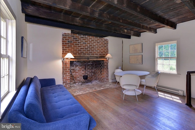 living room with hardwood / wood-style floors, wood ceiling, beamed ceiling, and a baseboard heating unit