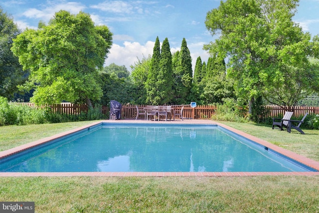 view of swimming pool featuring a yard