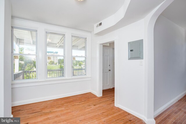 unfurnished room featuring electric panel and light wood-type flooring