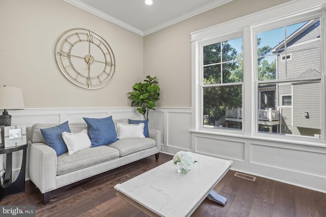 living room featuring crown molding and dark wood-type flooring