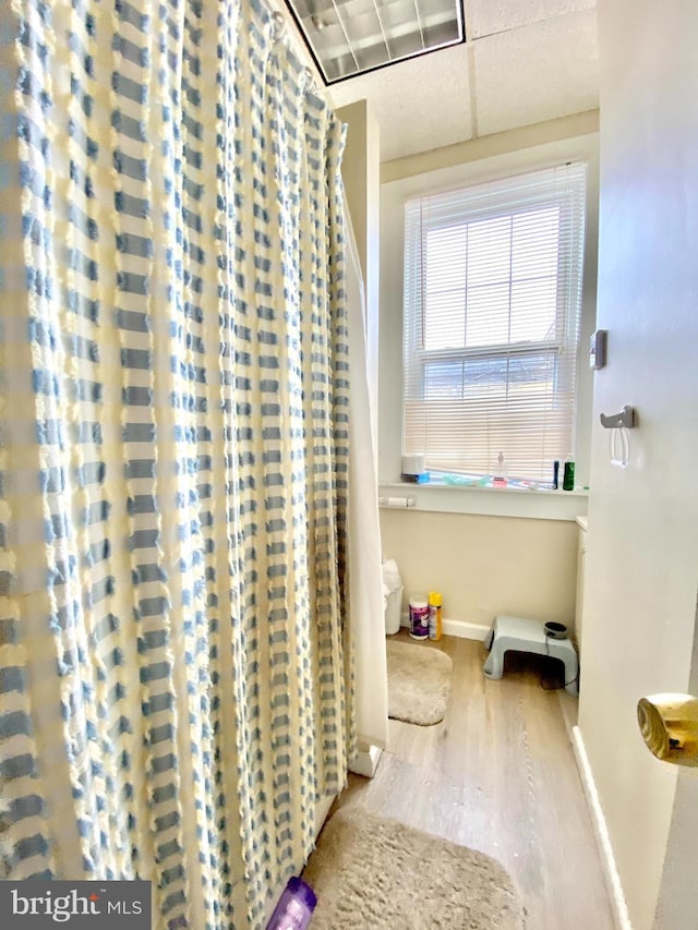 bathroom with a drop ceiling and hardwood / wood-style floors