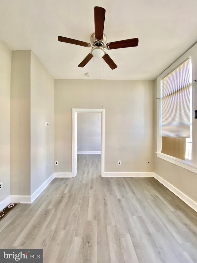 empty room featuring ceiling fan and light hardwood / wood-style floors