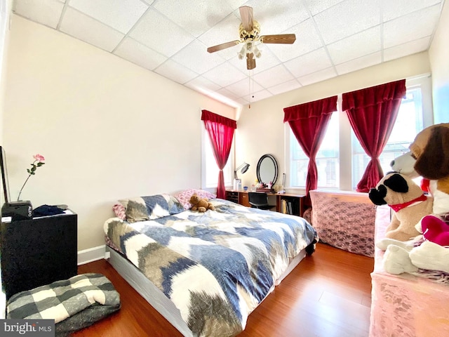 bedroom with hardwood / wood-style flooring, ceiling fan, and a drop ceiling