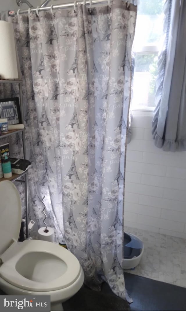 bathroom with toilet, tile walls, and a shower with shower curtain