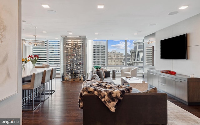 living room with dark hardwood / wood-style flooring and floor to ceiling windows