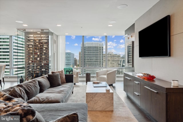 living room featuring light wood-type flooring, plenty of natural light, and expansive windows