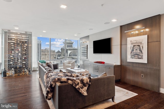 living room with dark hardwood / wood-style flooring and a wall of windows