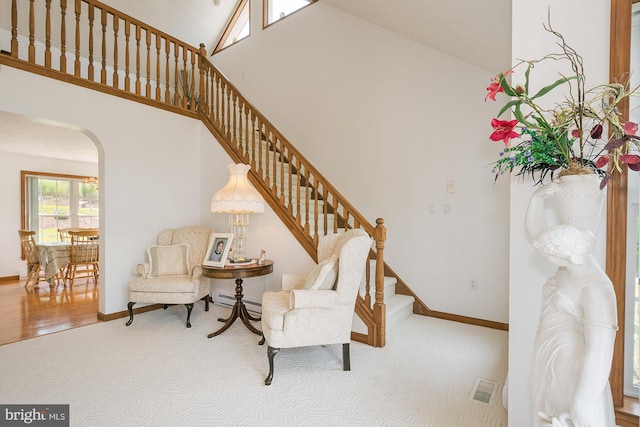 interior space with carpet flooring and a high ceiling