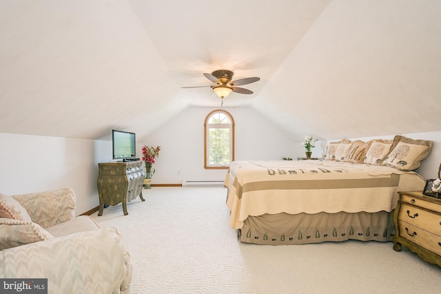 bedroom with carpet, lofted ceiling, ceiling fan, and a baseboard heating unit