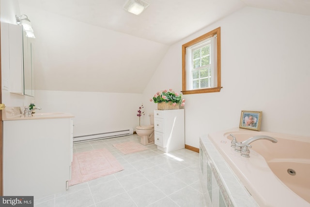 bathroom with vanity, a baseboard heating unit, tiled bath, toilet, and lofted ceiling