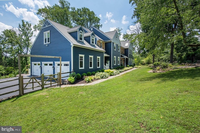 view of property exterior featuring a lawn and a garage