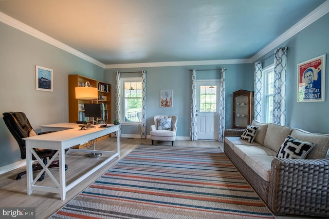 home office featuring a wealth of natural light, ornamental molding, baseboards, and wood finished floors