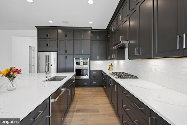 kitchen featuring sink, light stone counters, stainless steel appliances, and light hardwood / wood-style floors