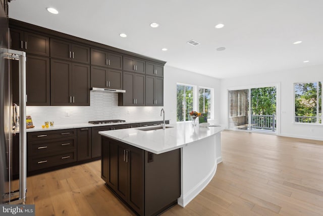 kitchen with sink, dark brown cabinetry, light hardwood / wood-style flooring, appliances with stainless steel finishes, and an island with sink