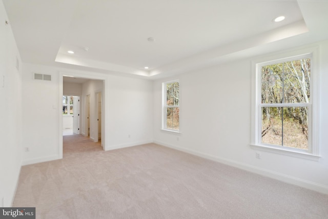 carpeted spare room featuring a tray ceiling