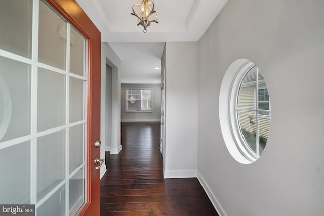 hall featuring a raised ceiling and dark hardwood / wood-style flooring