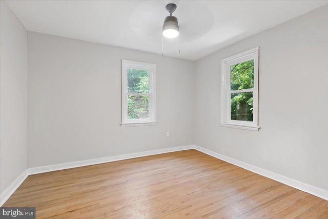 unfurnished room with light hardwood / wood-style flooring, plenty of natural light, and ceiling fan