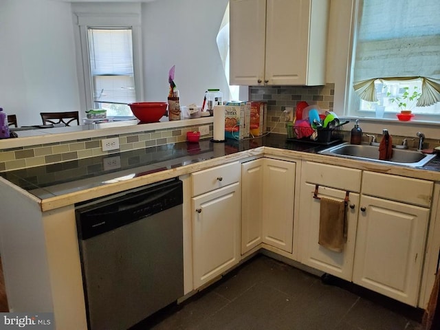 kitchen with backsplash, stainless steel dishwasher, a wealth of natural light, and sink