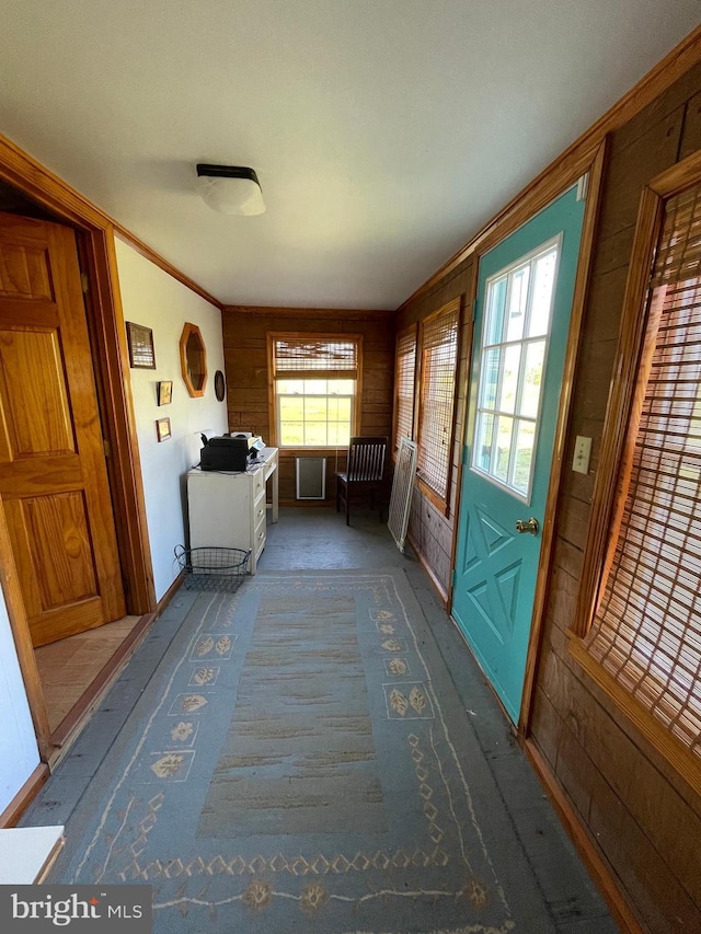 interior space featuring crown molding, wood walls, and a healthy amount of sunlight