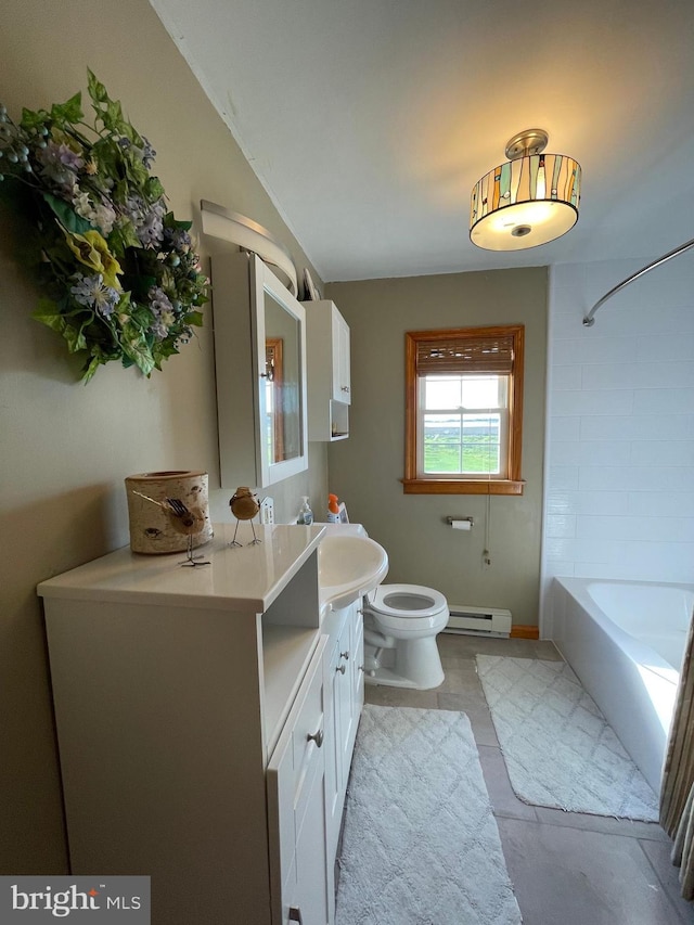 full bathroom with toilet, bathtub / shower combination, baseboard heating, concrete flooring, and vanity