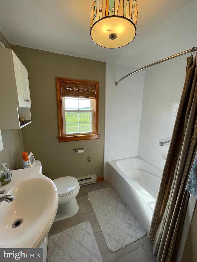 full bathroom featuring a baseboard radiator, tile patterned flooring, sink, toilet, and shower / bath combo