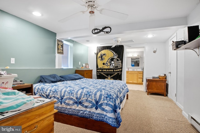 484 Brough Rd, Abbottstown, PA 17301 - bedroom featuring a baseboard radiator, light carpet, ceiling fan, ensuite bath, and recessed lighting