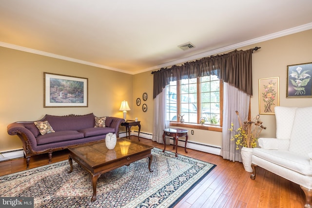 living room with ornamental molding, a baseboard heating unit, and wood-type flooring