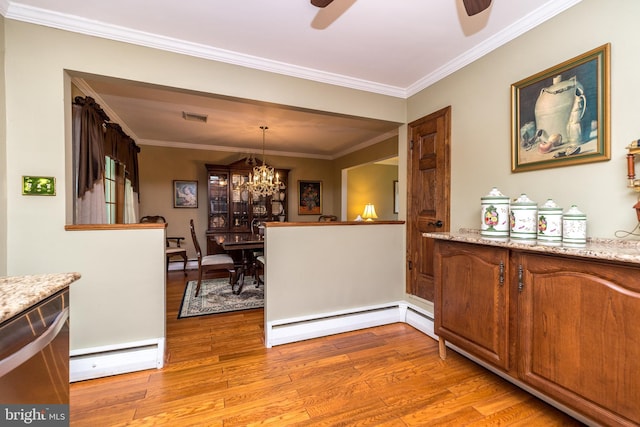 interior space with a baseboard heating unit, light hardwood / wood-style flooring, stainless steel dishwasher, ornamental molding, and decorative light fixtures