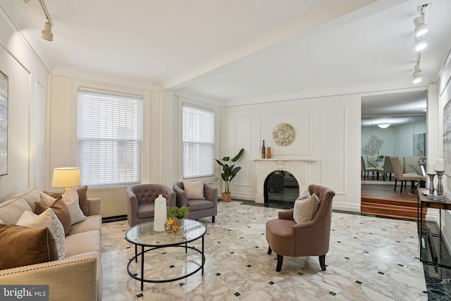 living room featuring rail lighting