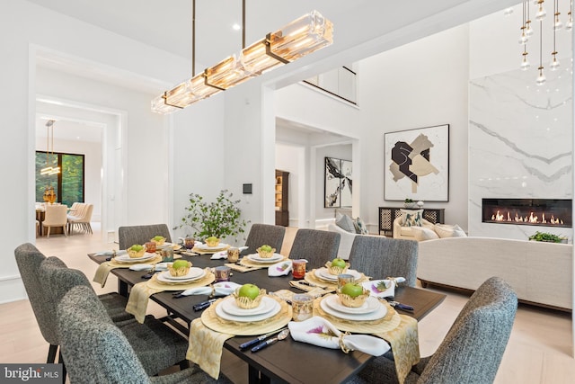 dining room with a high end fireplace and light wood-type flooring