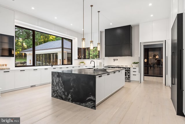 kitchen with ventilation hood, sink, pendant lighting, a center island with sink, and light hardwood / wood-style flooring