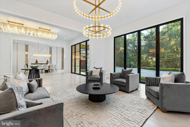 living room with a notable chandelier