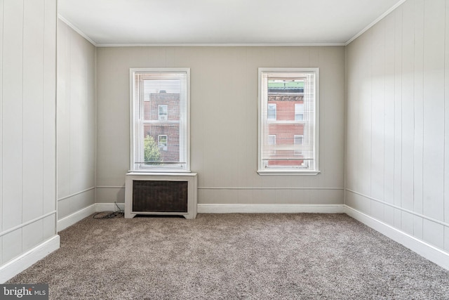 empty room featuring carpet flooring, plenty of natural light, and ornamental molding