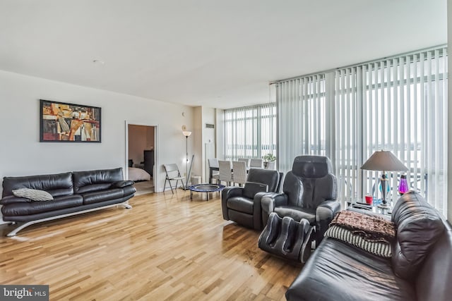 living room featuring a wall of windows and light wood-type flooring