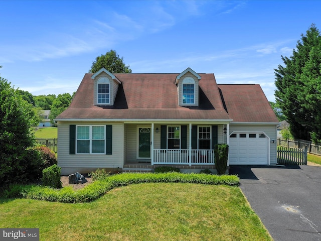 cape cod-style house featuring a front lawn, a porch, and a garage