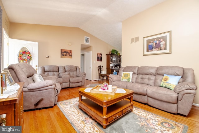 living room featuring wood-type flooring and lofted ceiling