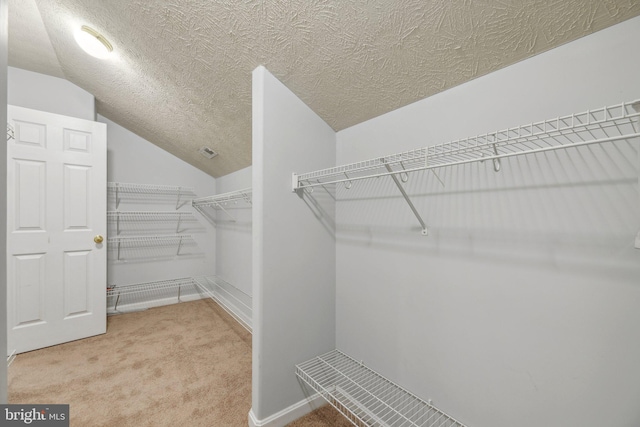 spacious closet featuring lofted ceiling and carpet floors