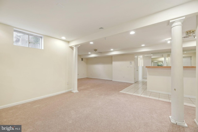 basement with light colored carpet