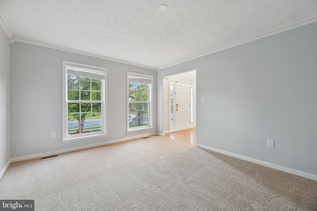 unfurnished room featuring ornamental molding, light colored carpet, and a textured ceiling